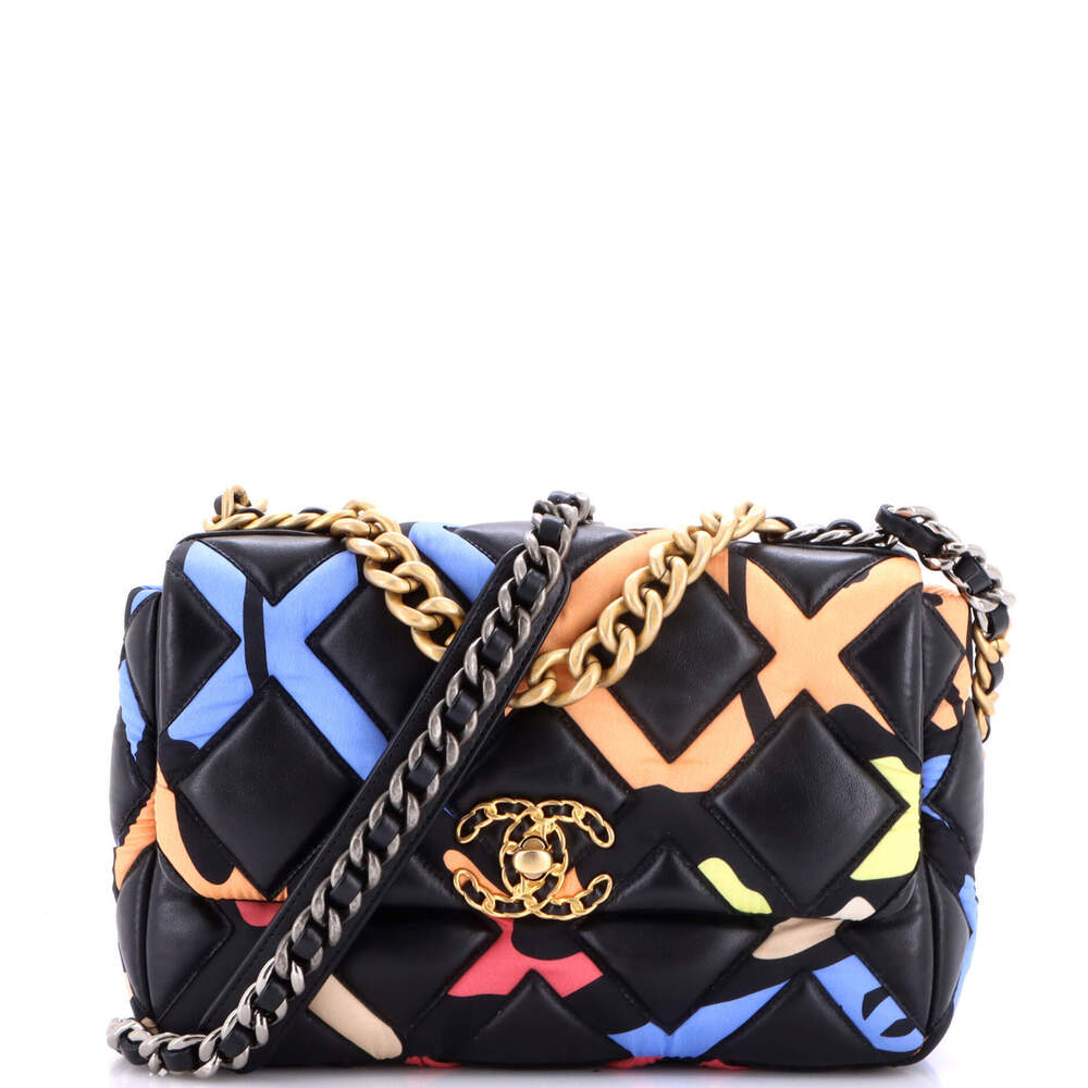 Chanel Medium 19 Flap Bag Quilted Lambskin and Printed Silk